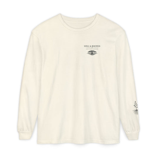 Still & Behold Long Sleeve T-Shirt — Minimal Surf Chest Logo & Sleeve Compass Graphic