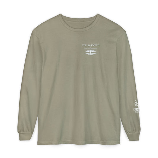 Still & Rooted Long Sleeve T-Shirt – Minimalist Nature Graphic