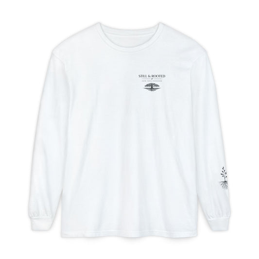 Still & Behold Long Sleeve T-Shirt — Minimal Surf Chest Logo & Sleeve Compass Graphic