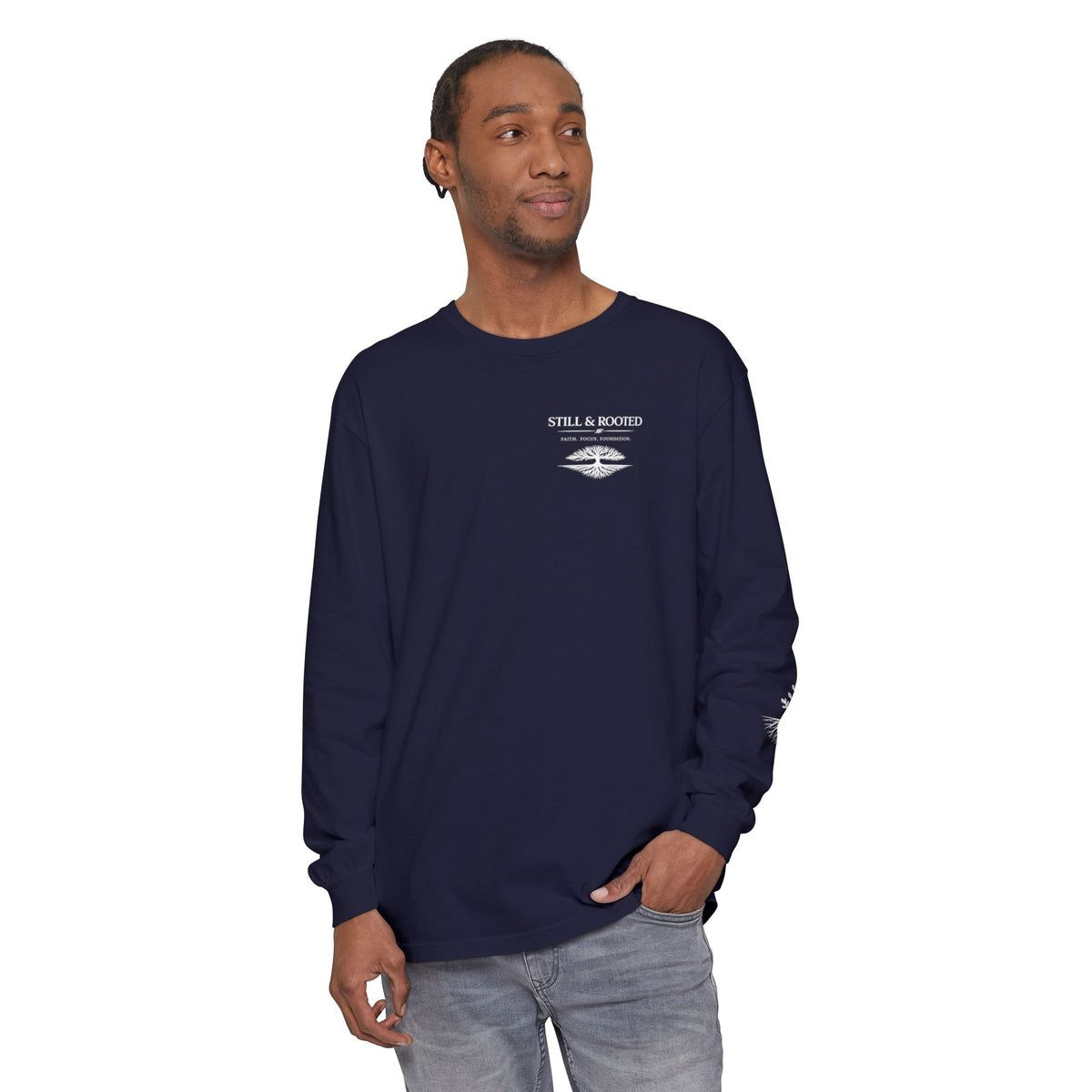 Still & Rooted Long Sleeve T-Shirt – Minimalist Nature Graphic