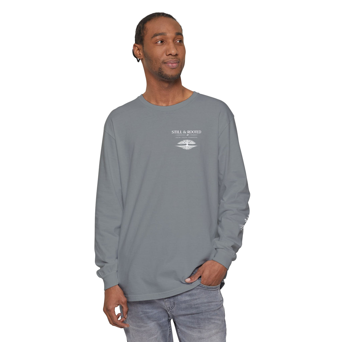 Still & Rooted Long Sleeve T-Shirt – Minimalist Nature Graphic