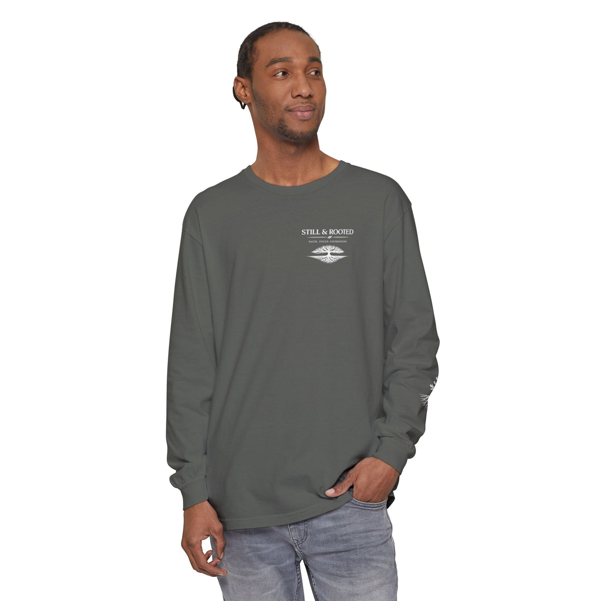 Still & Rooted Long Sleeve T-Shirt – Minimalist Nature Graphic