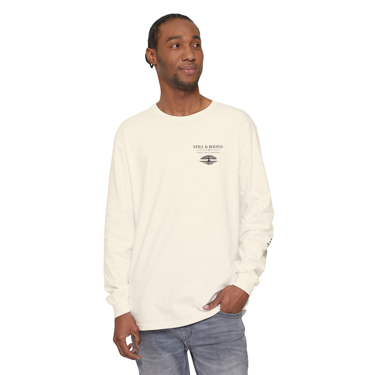 Still & Behold Long Sleeve T-Shirt — Minimal Surf Chest Logo & Sleeve Compass Graphic