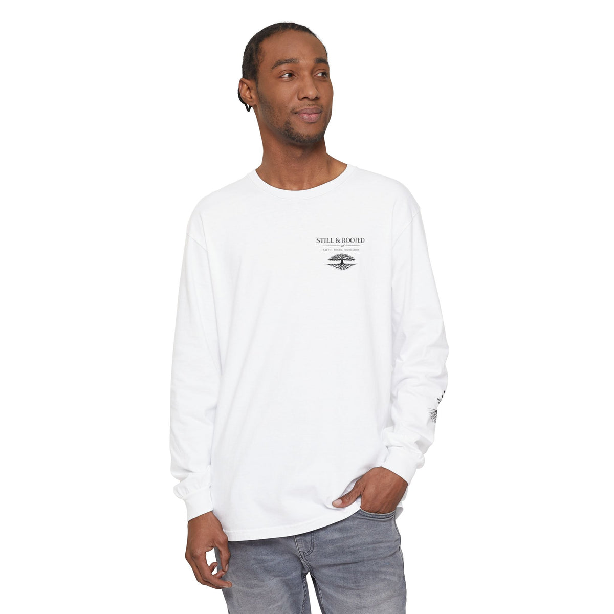 Still & Behold Long Sleeve T-Shirt — Minimal Surf Chest Logo & Sleeve Compass Graphic