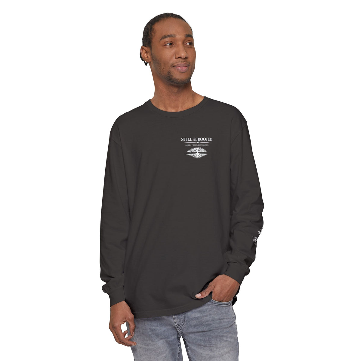 Still & Rooted Long Sleeve T-Shirt – Minimalist Nature Graphic