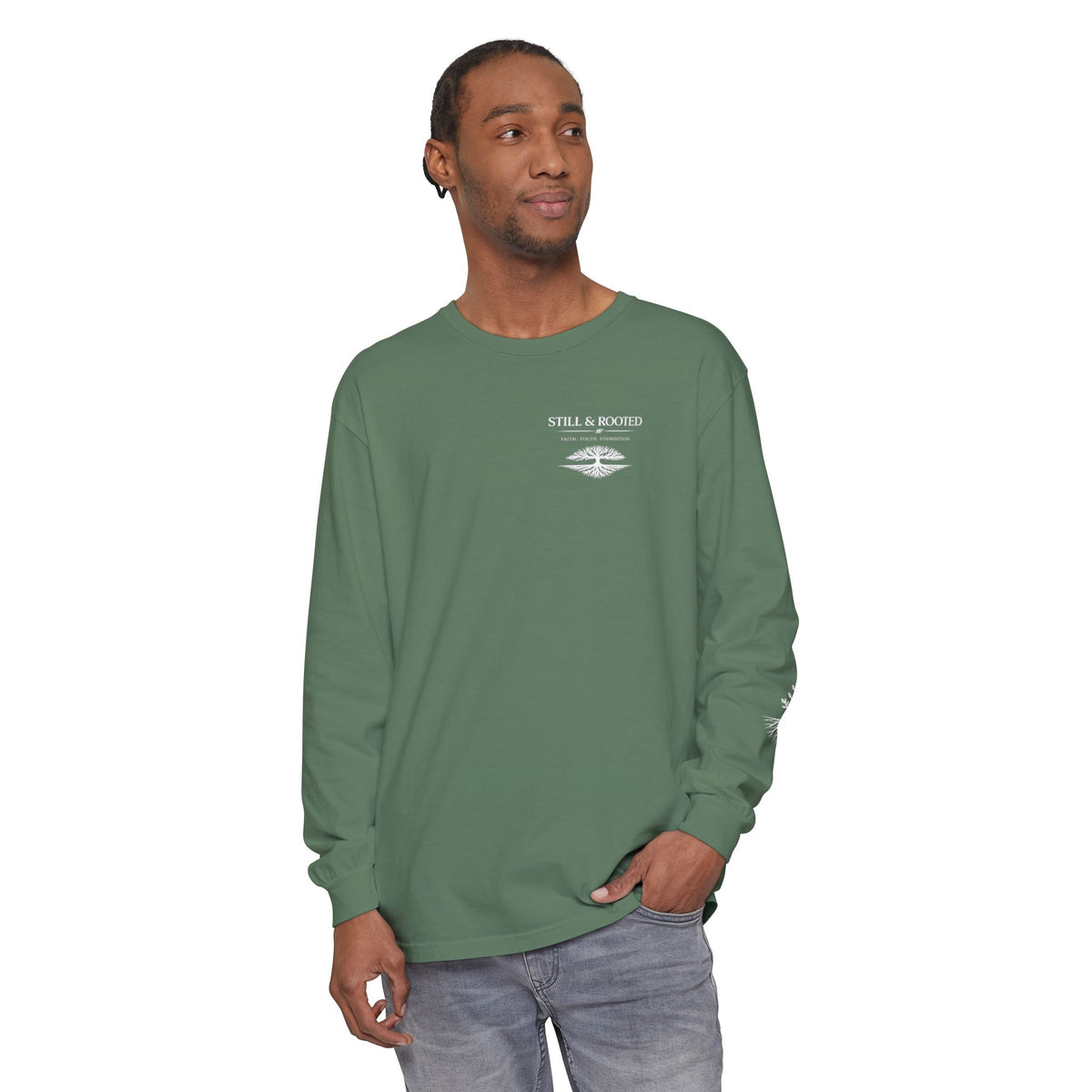 Still & Rooted Long Sleeve T-Shirt – Minimalist Nature Graphic
